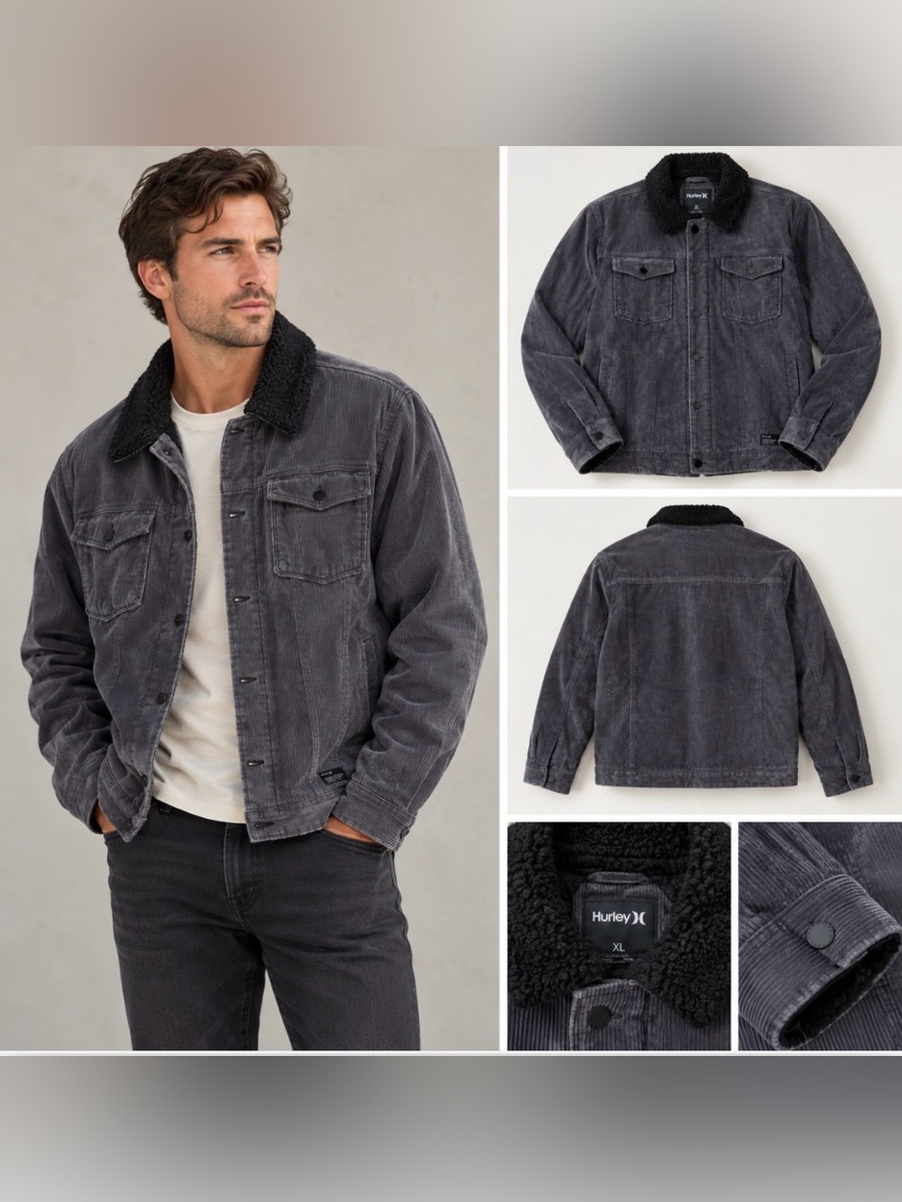 Hurley Men's Charcoal Corduroy Jacket with Black Sherpa Collar